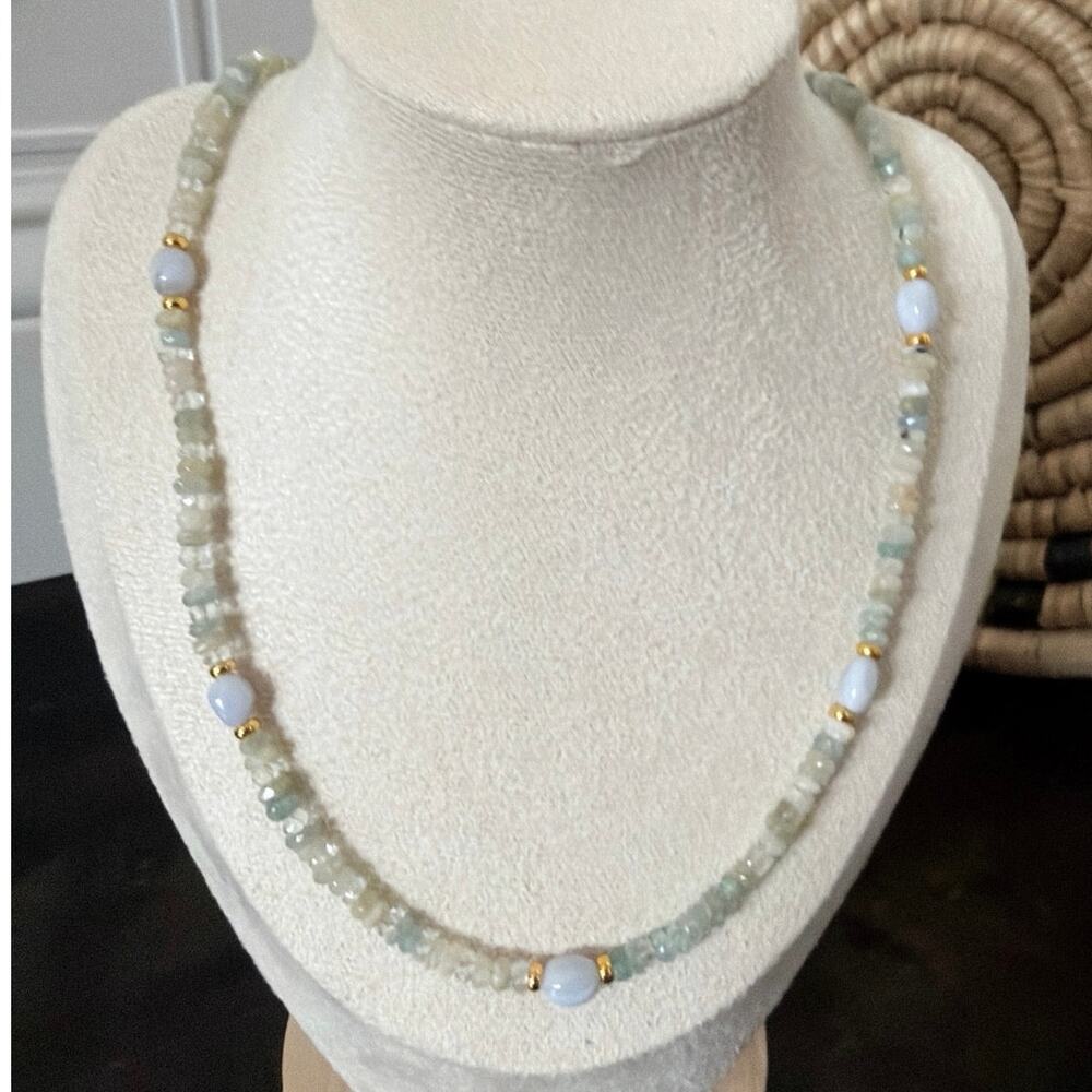 Second Bloom Studio Aquamarine Moonstone Necklace 20" Gold Magnetic Blue Lace